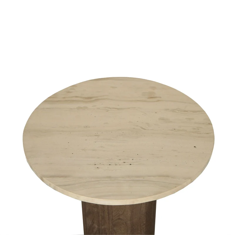 Beistelltisch braun Marmorplatte, runder Beistelltisch Holz braun, Durchmesser 45 cm