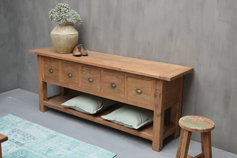 Konsole Teakholz Naturholz, Wandtisch Holz mit Schubladen, Breite 200 cm