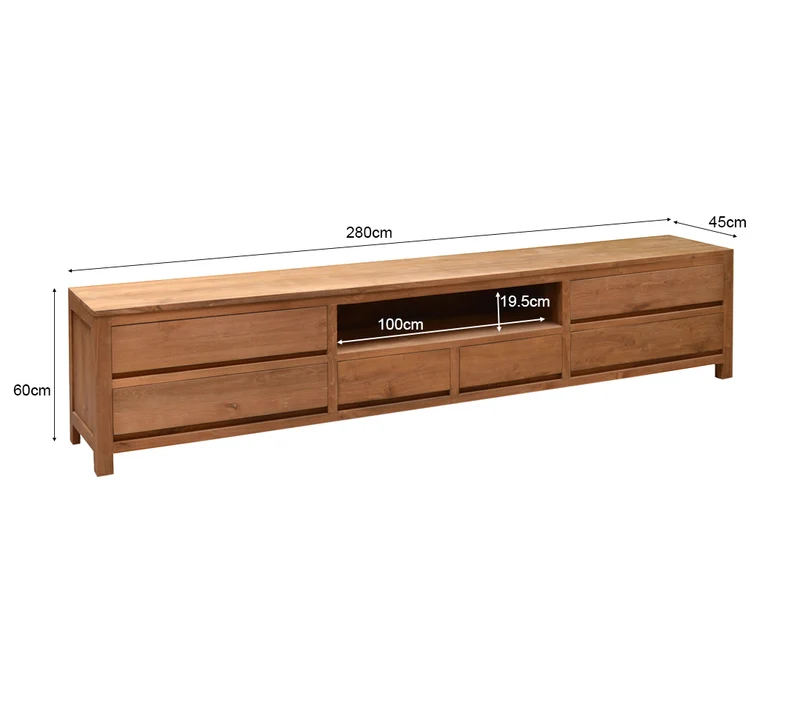 Fernseheschrank Teakholz Naturholz, TV Schrank Holz mit Schubladen, Breite 280 cm