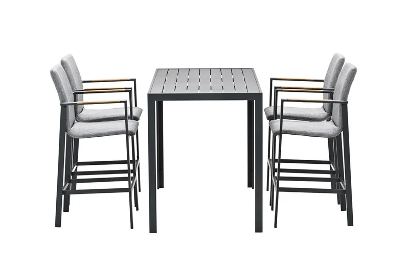 Gartenbartisch anthrazit-grau, 4er Set Gartentisch mit vier Barstühlen, Länge 145 cm