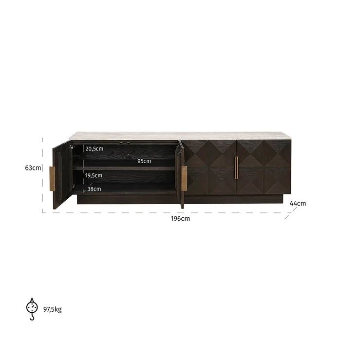 TV Schrank braun, Fernsehschrank braun Eiche furniert, Breite 196 cm