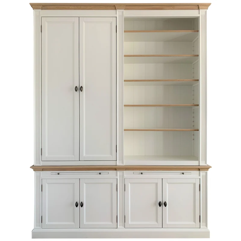 Bücherschrank Eiche-weiß, Bücherschrank weiß, Wohnzimmerschrank mit sechs Türen, Breite 200 cm