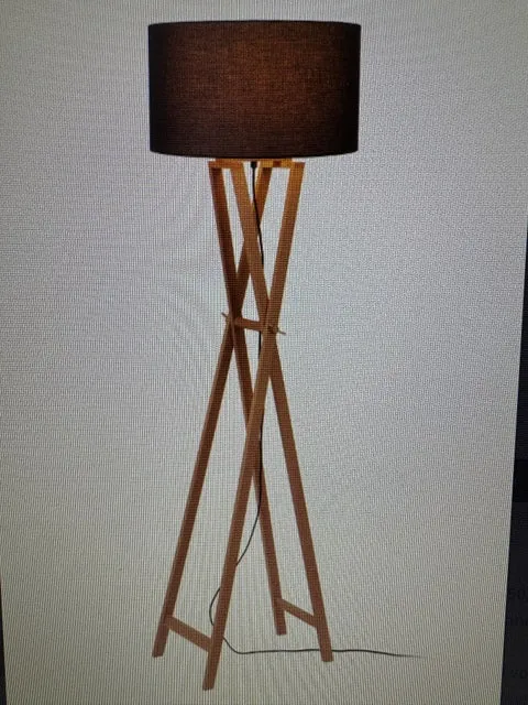 Stehlampe Naturholz, Stehleuchte schwarz mit Lampenschirm schwarz, Höhe 157 cm