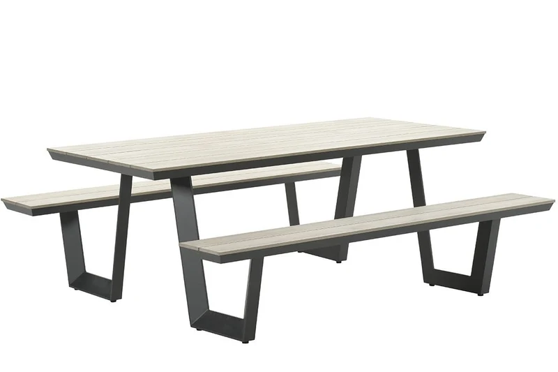 Gruppensitzbank grau, Sitzgruppe Aluminium anthrazit, Picknick Gartentisch mit Bank anthrazit, Länge 200 cm