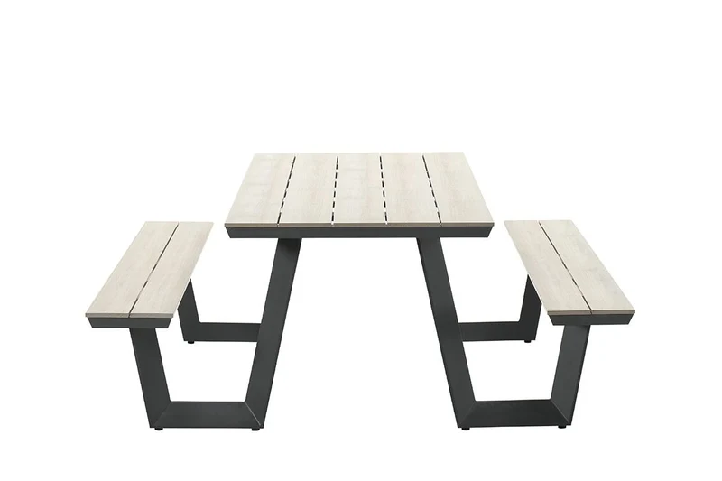 Gruppensitzbank grau, Sitzgruppe Aluminium anthrazit, Picknick Gartentisch mit Bank anthrazit, Länge 200 cm