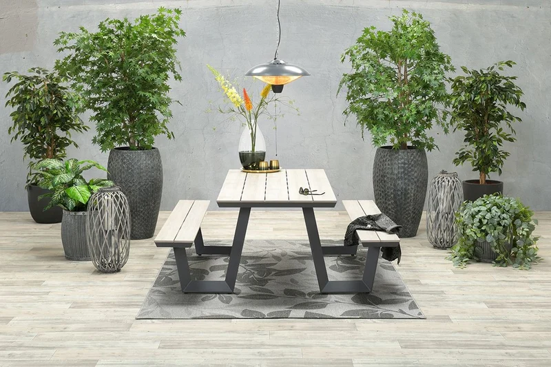 Gruppensitzbank grau, Sitzgruppe Aluminium anthrazit, Picknick Gartentisch mit Bank anthrazit, Länge 200 cm