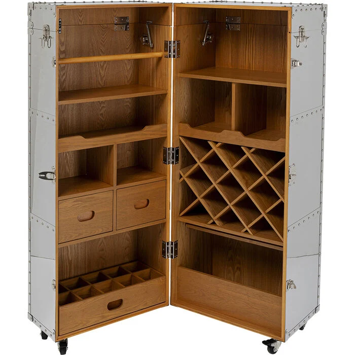 Barschrank Silber, Barschrank auf Rädern, Breite 64-130 cm