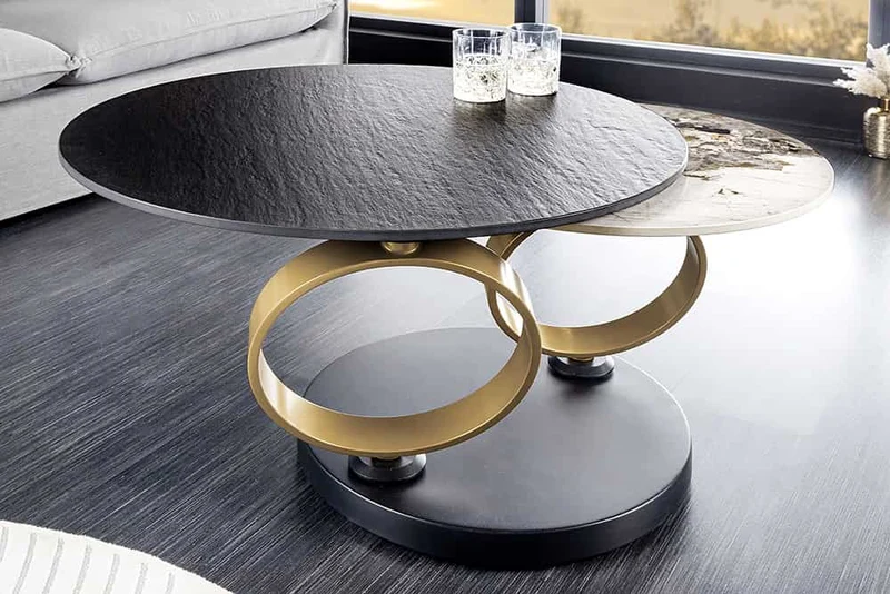 Couchtisch schwarz-Gold, Couchtisch ausziehbar rund, Durchmesser 80-134 cm