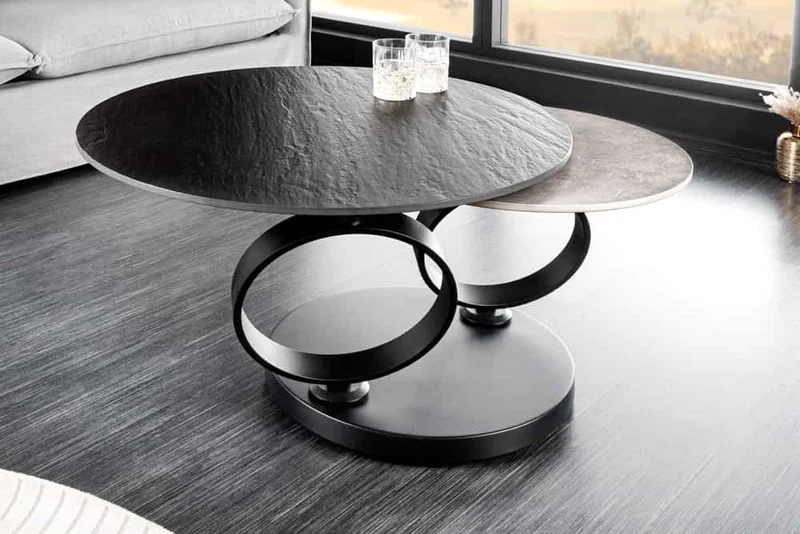 Couchtisch schwarz-grau, Couchtisch ausziehbar rund, Durchmesser 80-134 cm