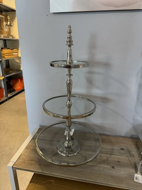 Etagere Silber, Etagere rund Glas Silber, Höhe 75 cm