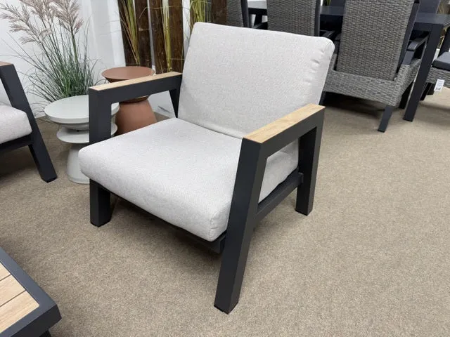 Set 4 teiliges Loungesofa anthrazit-Holzoptik, 2xGartensessel anthrazit outdoor Couchtisch, Garten-Couchtisch anthrazit, Lounge anthrazit Aluminium-Gestell