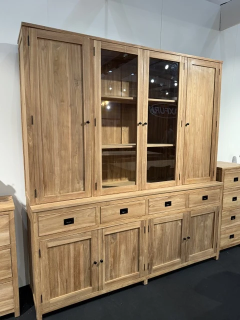 Geschirrschrank Teak, Vitrine Massivholz Teak, Breite 208 cm