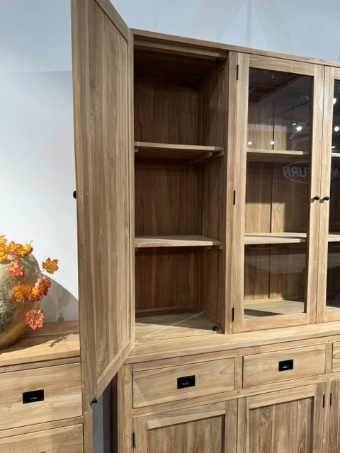 Geschirrschrank Teak, Vitrine Massivholz Teak, Breite 208 cm