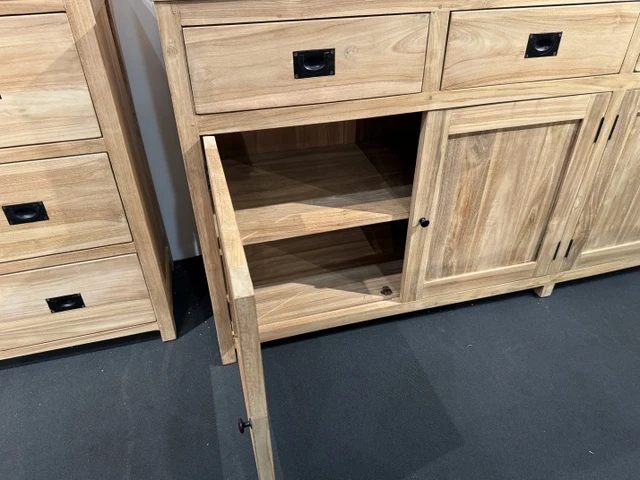 Geschirrschrank Teak, Vitrine Massivholz Teak, Breite 208 cm
