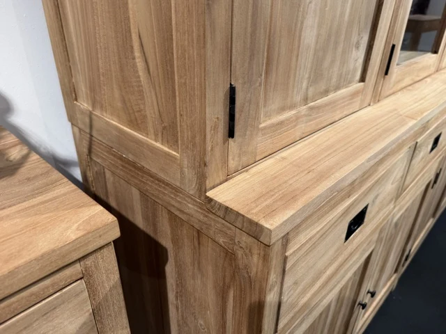 Geschirrschrank Teak, Vitrine Massivholz Teak, Breite 208 cm