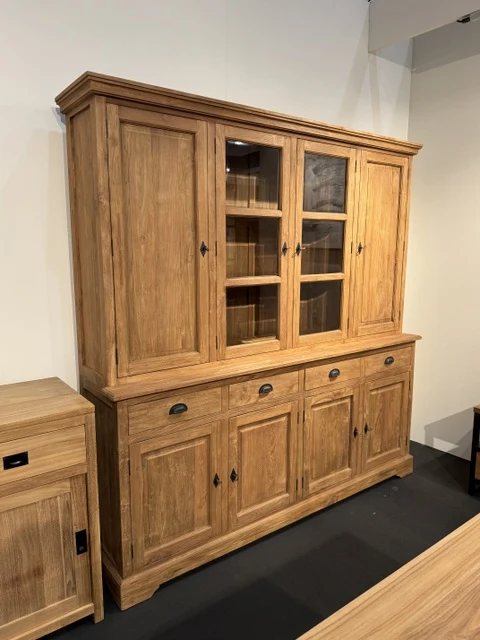 Geschirrschrank Teak, Vitrine Massivholz Teak, Breite 208 cm