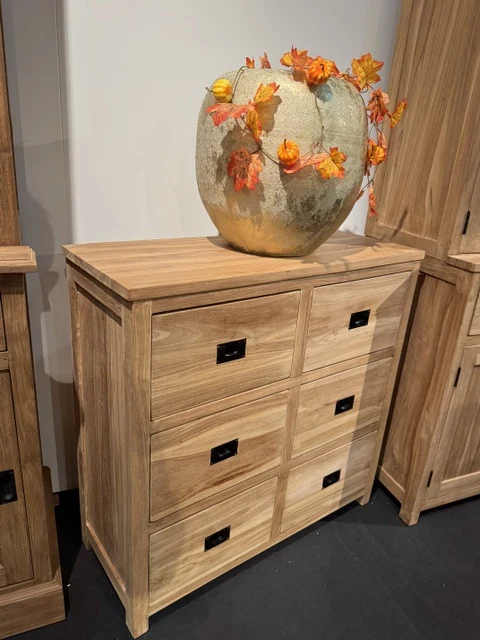 Kommode Holz Teak, Schrank mit Schubladen Massivholz Teak, Breite 90 cm