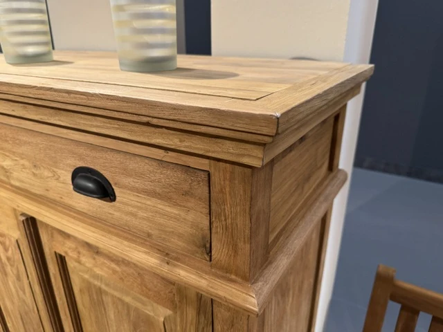 Hochschrank Holz Teak, Highboard mit Schubladen Massivholz Teak, Breite 100 cm