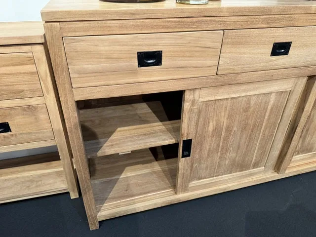 Sideboard Holz Teak mit Schiebetüren, Anrichte mit Schubladen Massivholz Teak, Breite 200 cm