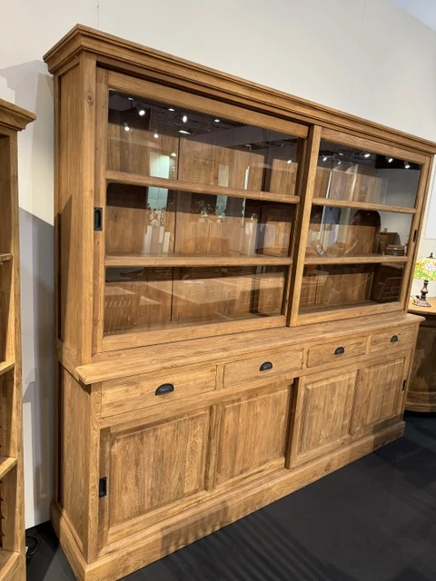 Vitrine mit Schiebetüren Holz Teak, Geschirrschrank mit Schubladen Massivholz Teak, Breite 248 cm