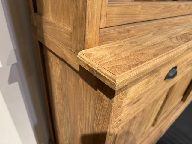 Vitrine mit Schiebetüren Holz Teak, Geschirrschrank mit Schubladen Massivholz Teak, Breite 248 cm