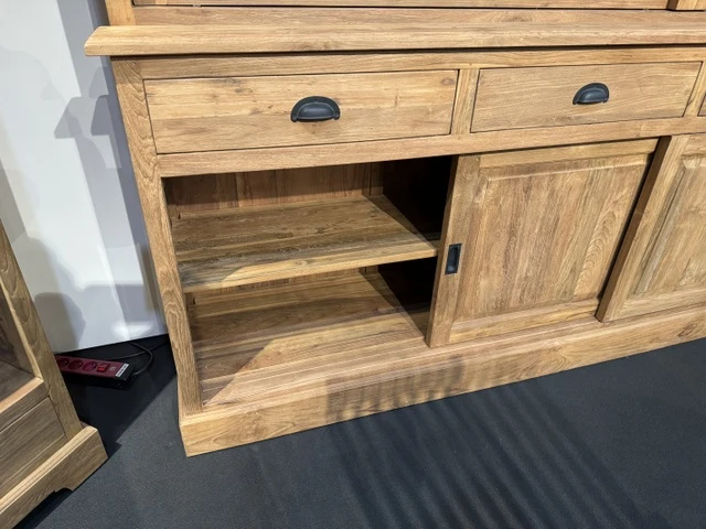 Vitrine mit Schiebetüren Holz Teak, Geschirrschrank mit Schubladen Massivholz Teak, Breite 248 cm