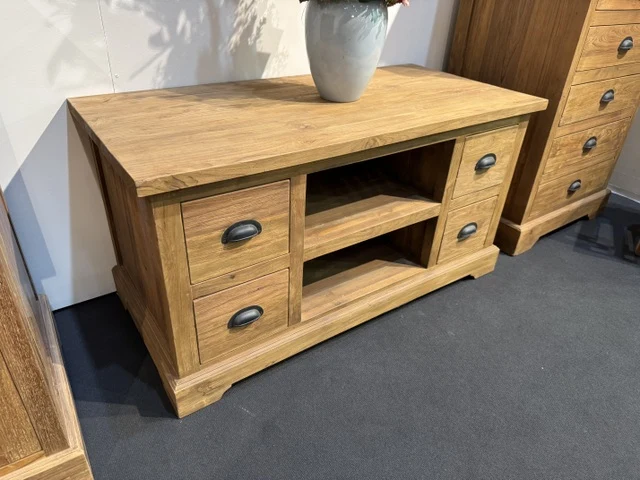 TV Schrank Holz Teak, Fernsehschrank mit Schubladen Massivholz Teak, Breite 175 cm