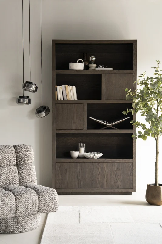 Wohnzimmerschrank braun Eiche furniert, Bücherregal braun Eiche furniert, Schrank braun Holz, Breite 120 cm