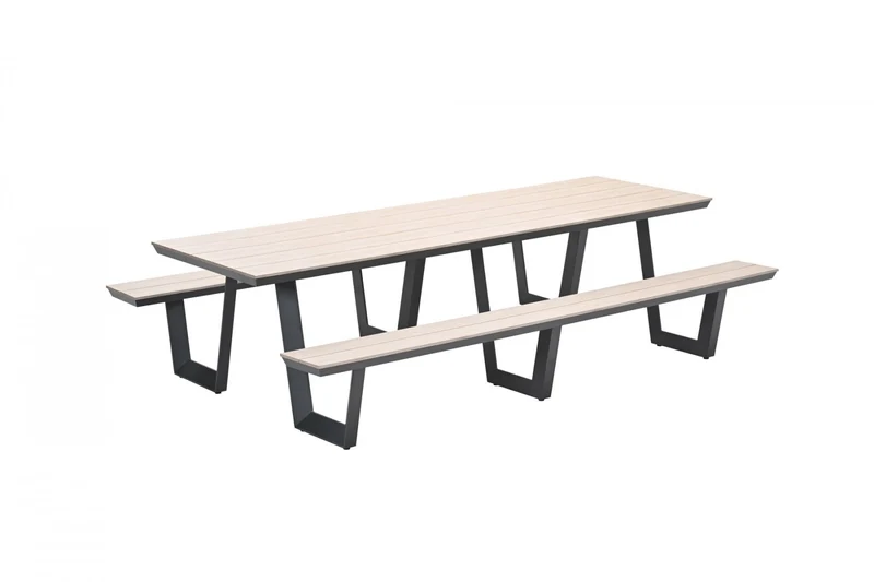 Gruppensitzbank braun, Sitzgruppe Aluminium anthrazit, Picknick Gartentisch mit Bank braun-anthrazit, Länge 280 cm