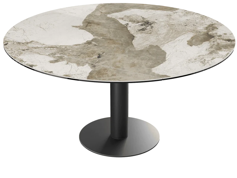 Ausziehtisch beige, Tisch Keramik-Tischplatte, runder Esstisch Keramikplatte, Esstisch taupe rund ausziehbar, Durchmesser 135 cm