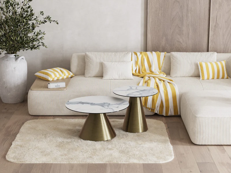 Couchtische 2er Set Keramik, Keramik Beistelltisch Gold Keramik Marmoroptik, runder Couchtisch Gold Keramik, Durchmesser 55-75 cm
