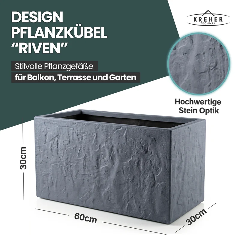 Pflanzkasten 'Riven' in Anthrazit - Blumentopf aus Kunststoff - Steinoptik - 60x30x30 cm