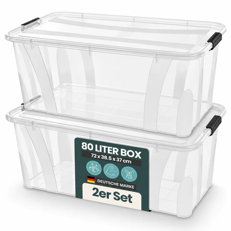 2 x Aufbewahrungsbox 'Master' Box mit Deckel - 80 Liter Volumen, in Transparent