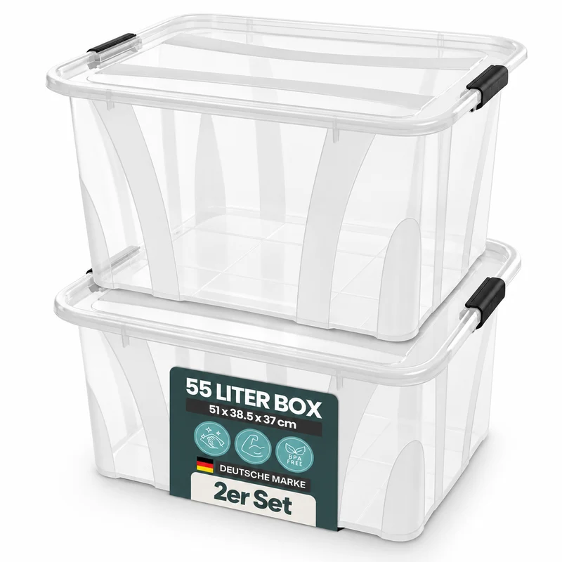 2 x Aufbewahrungsbox 'Master' Box mit Deckel - 55 Liter Volumen, in Transparent