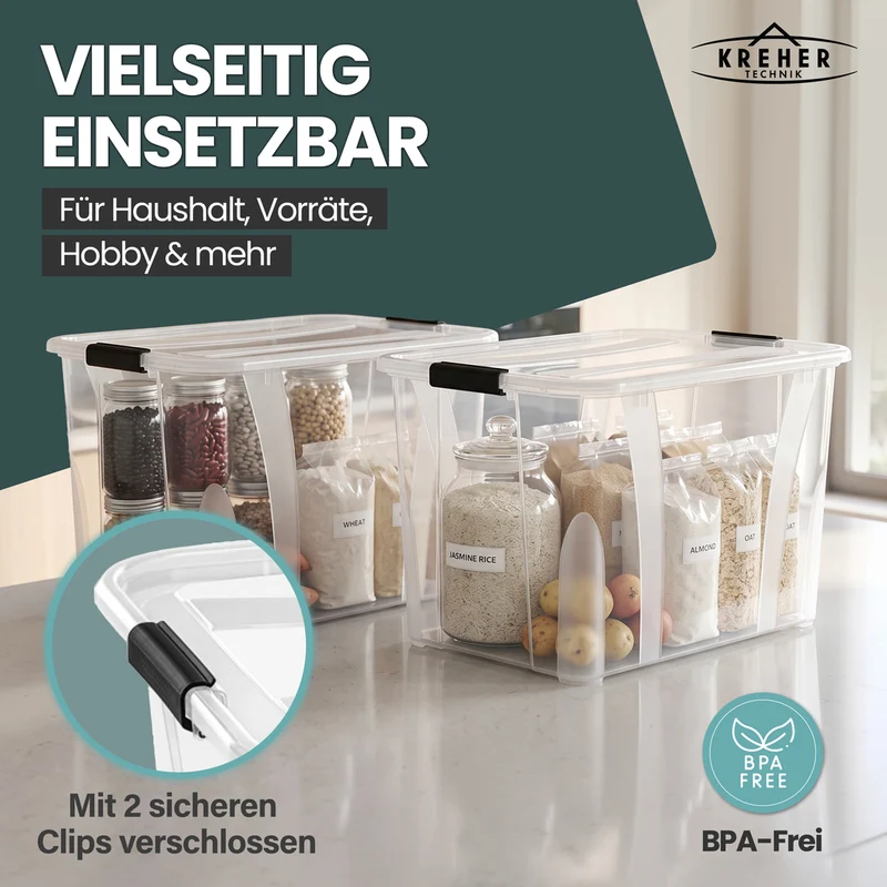2 x Aufbewahrungsbox 'Master' Box mit Deckel - 55 Liter Volumen, in Transparent