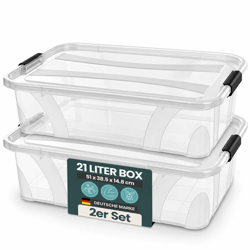 2 x Aufbewahrungsbox 'Master' Box mit Deckel - 21 Liter Volumen, in Transparent