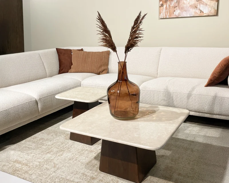 Couchtisch Marmor-Tischplatte beige-weiß , Couchtisch beige-braun, Maße 75x75 cm