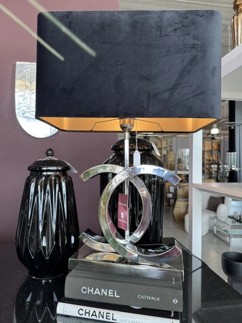 Tischlampe Silber, Tischleuchte Silber-schwarz, Tischlampe mit Lampenschirm schwarz, Höhe 65 cm