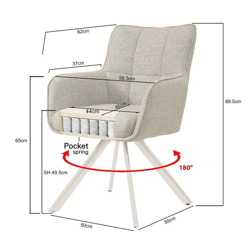 Stuhl beige Stuhlbeine drehbar, Esszimmerstuhl Farbe beige-Sand, Stuhl Federkern, Breite 62 cm