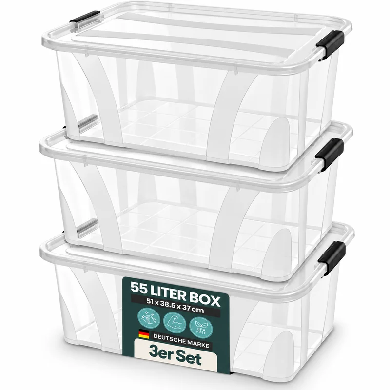 3 x Aufbewahrungsbox 'Master' Box mit Deckel - 55 Liter Volumen, in Transparent