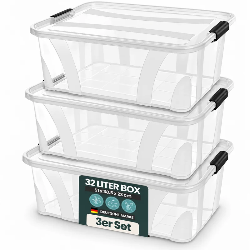 3 x Aufbewahrungsbox 'Master' Box mit Deckel - 32 Liter Volumen, in Transparent