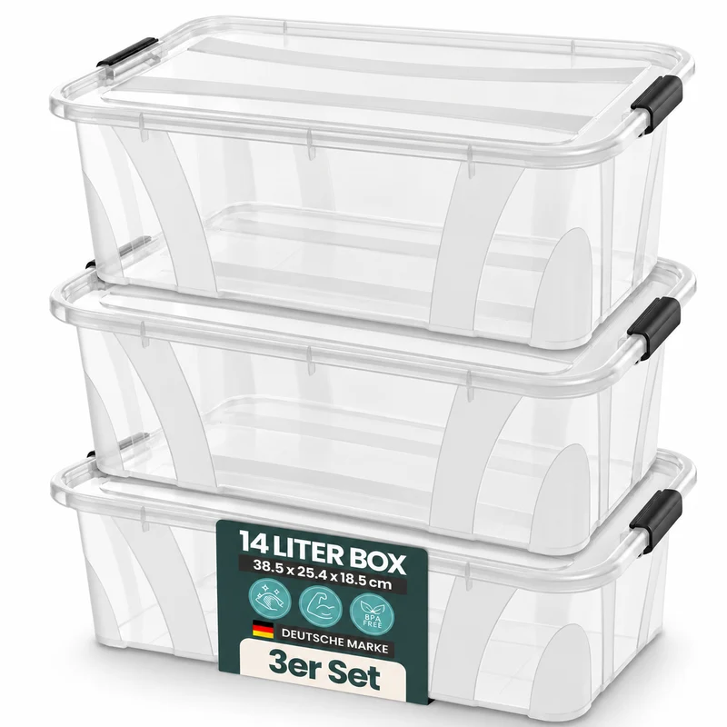 3 x Aufbewahrungsbox 'Master' Box mit Deckel - 14 Liter Volumen, in Transparent