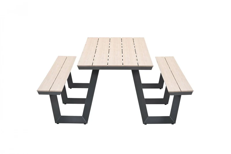 Gruppensitzbank grau, Sitzgruppe Aluminium anthrazit, Picknick Gartentisch mit Bank anthrazit, Länge 280 cm