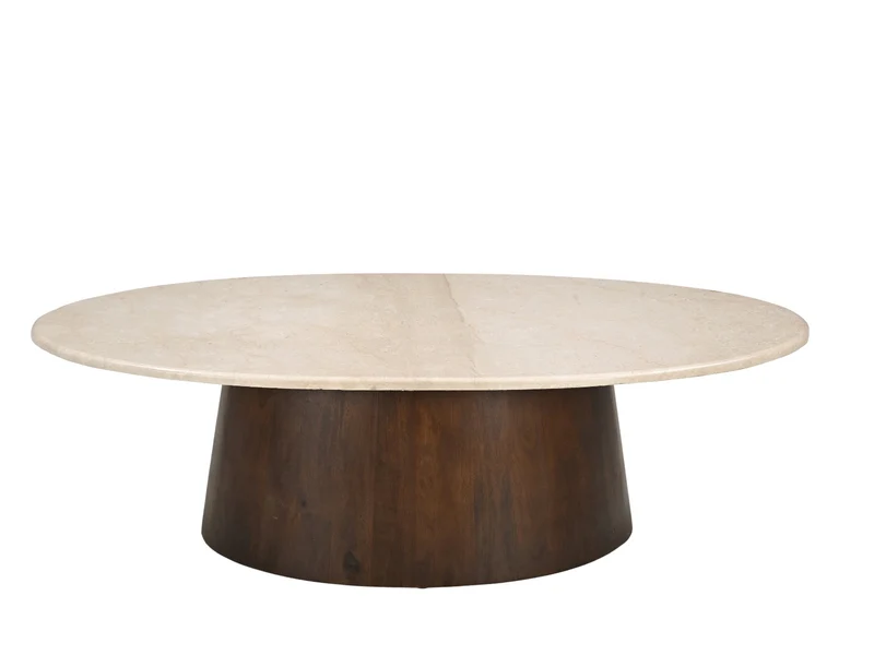 Couchtisch oval Marmor-Tischplatte beige , ovaler Couchtisch beige-braun, Länge 120 cm