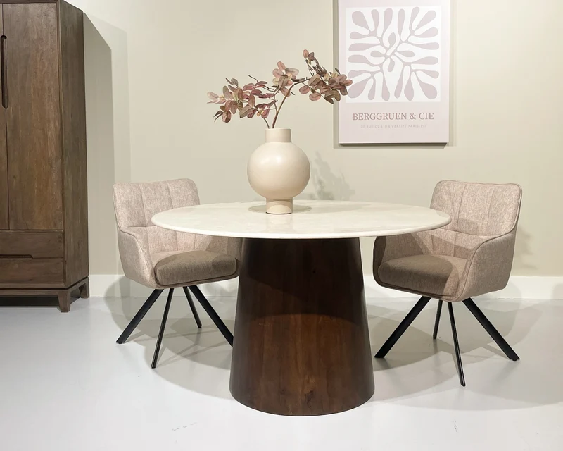 Esstisch rund Marmor-Tischplatte beige , runder Tisch beige-braun, Durchmesser 130 cm
