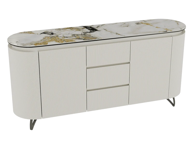 Sideboard Elfenbein-weiß Marmoroptik, Sideboard oval mit Schubladen Keramikplatte, ovale Anrichte weiß-Elfenbein Keramik, Breite 170 cm