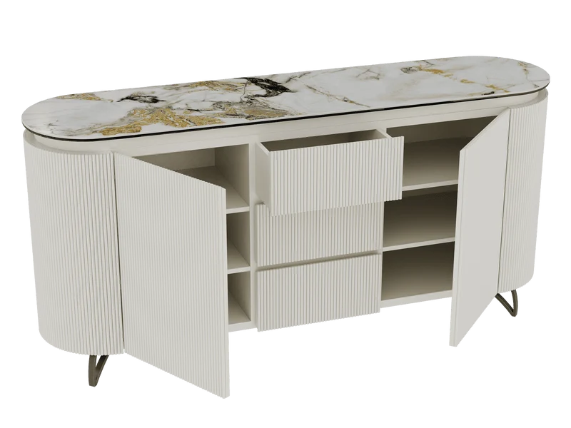 Sideboard Elfenbein-weiß Marmoroptik, Sideboard oval mit Schubladen Keramikplatte, ovale Anrichte weiß-Elfenbein Keramik, Breite 170 cm