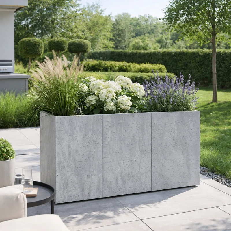 XXL Pflanzkasten "Karo" - Sichtschutz Beton-Optik Grau 86x28x57 cm - Rollbar mit 3 Pflanzeinsätzen - Strukturierte Oberfläche
