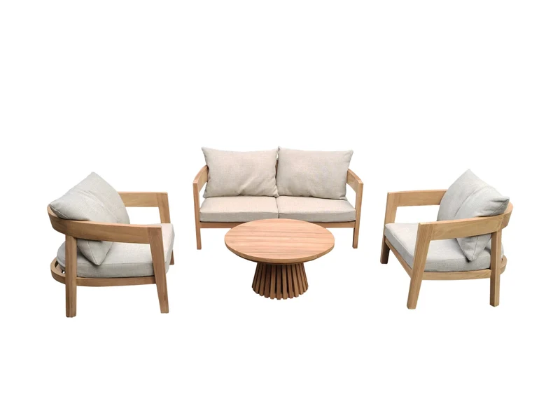 Garten-Sitzgarnitur Set, Gartenbank mit zwei Sessel und Gartentisch rund, Gartenlounge Teak Naturholz