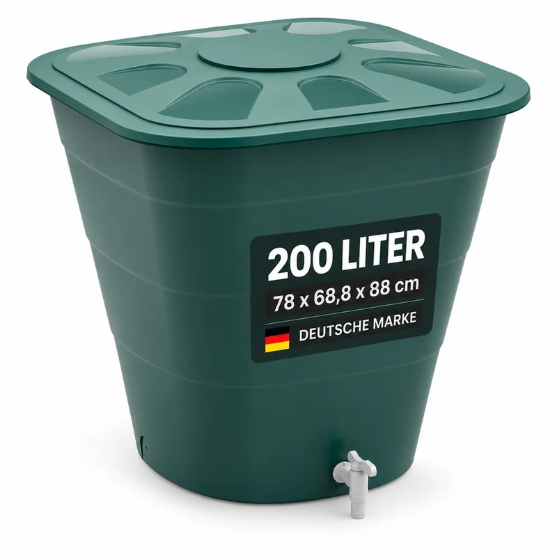 XL Wassertonne 200 Liter mit Deckel und Hahn, eckiges Format in Grün